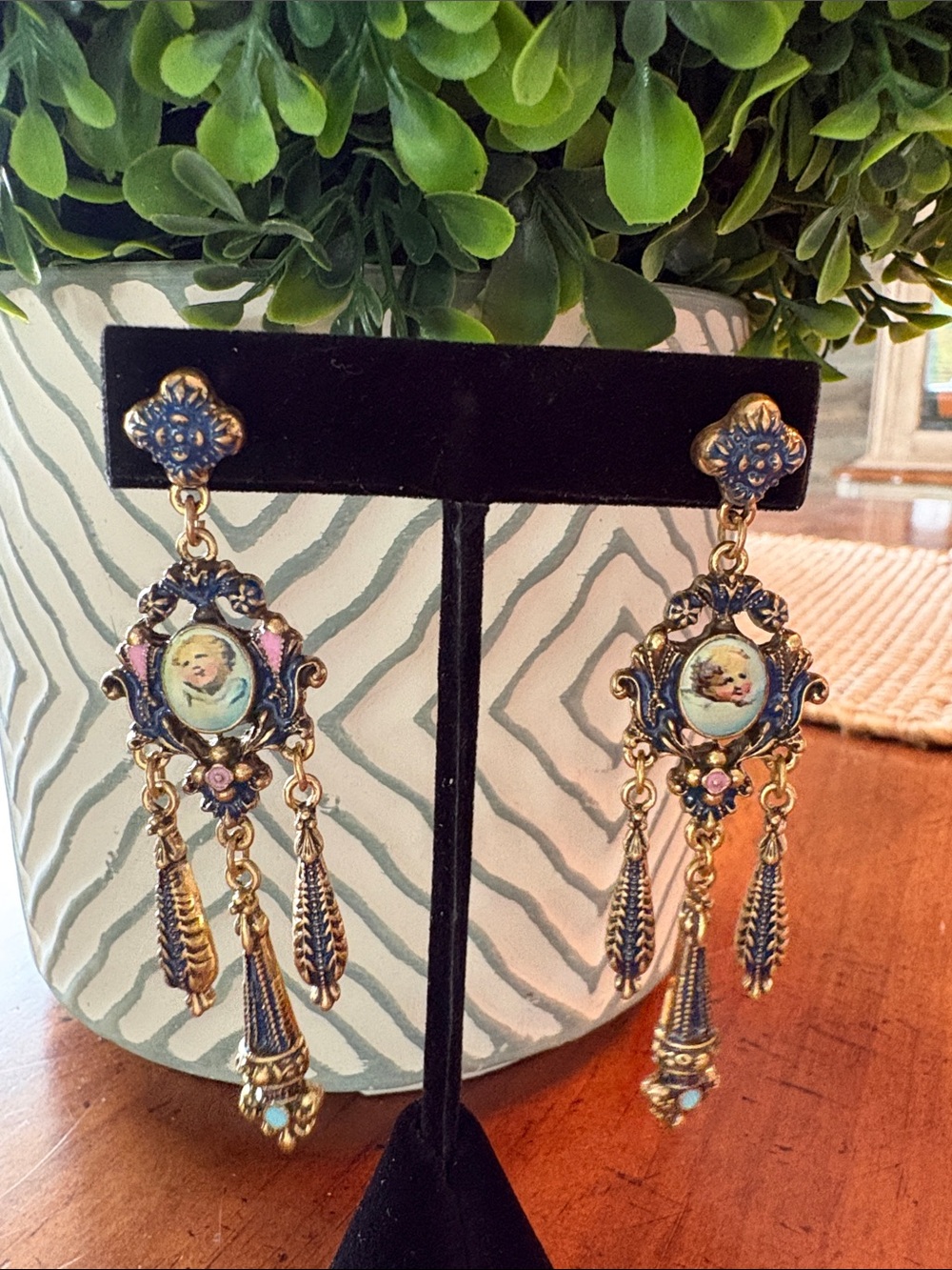 Vintage-Style Blue and Gold Portrait Drop Earrings